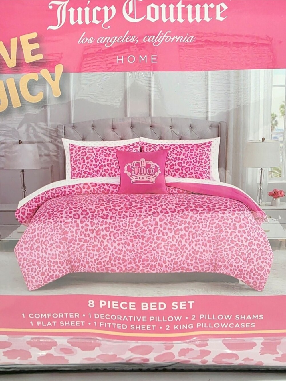 Juicy Couture KING 8 piece Pink Leopard Comforter and Sheets set